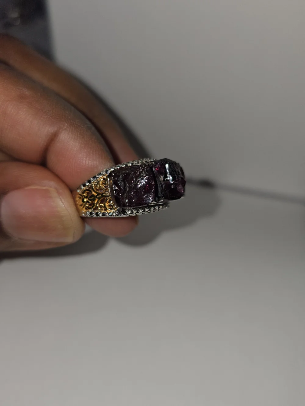 Silver & Gold Statement Ring with Dark Purple Raw Gemstones